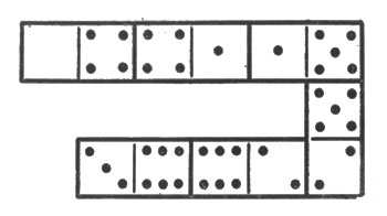 Рис. 8. Шесть косточек домино, выложенных по правилам игры и отличающихся тем, что число очков на косточках (на двух половинах каждой косточки) возрастает на 1