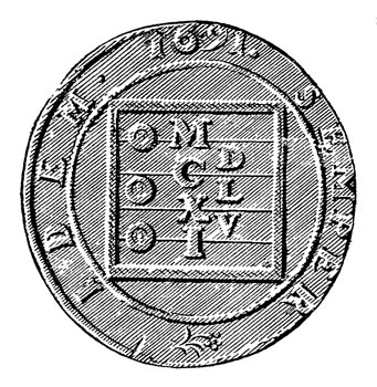 Счетный жетон - 'пенязь' - немецкой работы 1691 года с изображением счетной доски - абака