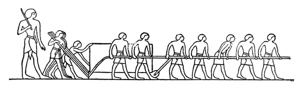Перевозка камня на стройку пирамиды. Сзади рабочих идет надсмотрщик с хлыстом; поскольку он важнее всех остальных работников, он изображается более крупно (древнеегипетский рисунок)