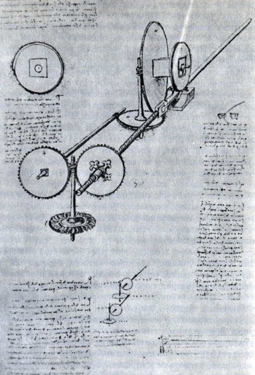 Леонардо да Винчи. Чертеж механизма для прокатки железных полос. Около 1490-1495. Рисунок пером из 'Атлантического кодекса'