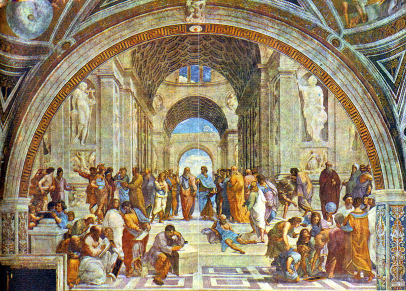 Рафаэль. Афинская школа. 1510-1511. Фреска Ватиканского дворца в Риме. Это величайшее творение Рафаэля является торжественным гимном науке. В центре фрески изображены Платон и Аристотель, внизу слева - Пифагор, справа - Евклид (или Архимед)