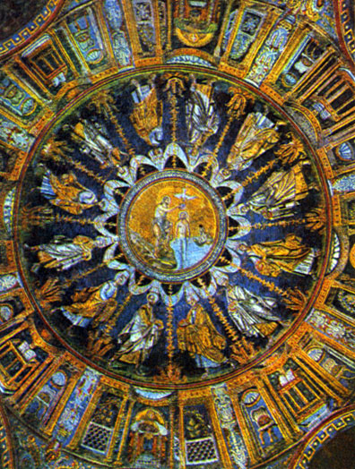 Поворотная симметрия 12-го порядка: мозаика купола баптистерия в Равенне. V в. (в)