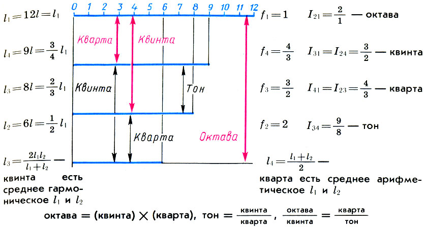 Деление струны монохорда (l1) на части, образующие с ней совершенные консонансы: октаву (l2), квинту (l3) и кварту (l4) и соотношения между ними. Интервалы, которые целая струна монохорда образует со своими частями, показаны красными стрелками