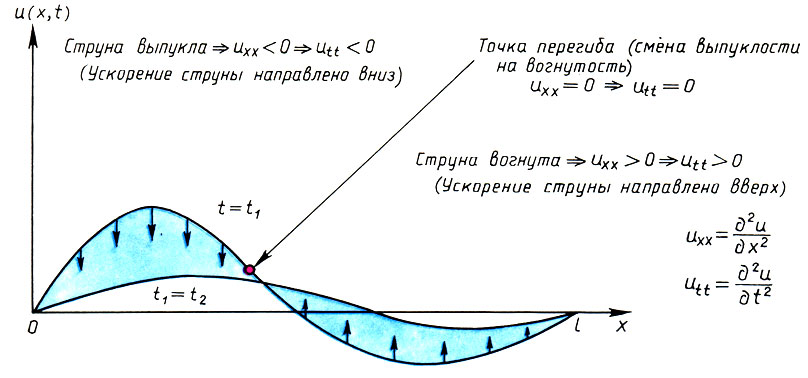 Колебания струны длины l. Показаны два момента времени t1<t2. Масштаб по ординате U(х,t) сильно увеличен