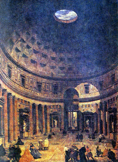 Пантеон (интерьер). Рим. 123 н. э. Здание освещается через 9-метровое отверстие в центре полусферического купола