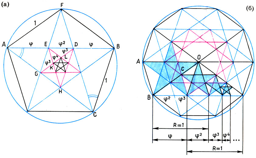 Ряд золотого сечения 1, φ, φ2, φ3, ... в последовательности звездчатых пятиугольников (а) и звездчатых десятиугольников (б)