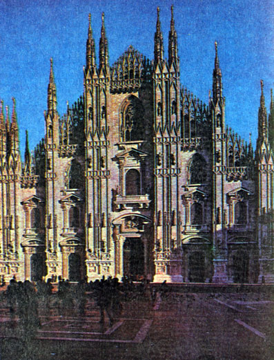 Миланский собор. 1386-1858. Этот самый большой из всех готических соборов мира вмещает 40 000 молящихся. Строительство собора началось в 1386, шпиль был сооружен в 1756-1779, главный фасад завершен в 1805-1813, а последний шпиль - в 1858. Таким образом, собор строился 572 года!
