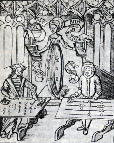 Пифагор (справа), аллегория Арифметики и Боэций. Гравюра из книги Грегора Райха 'Маргарита философика'. В средневековой Европе Пифагор считался изобретателем счетной доски абака, а Боэций - создателем новой нумерации