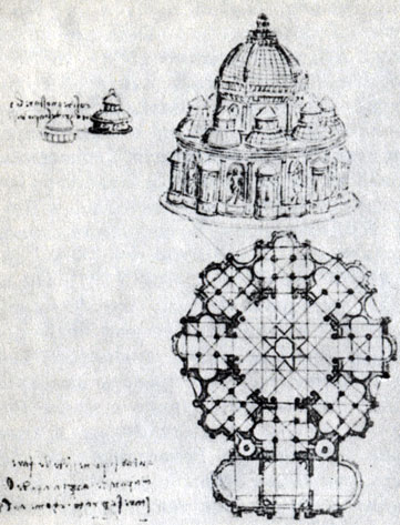 Леонардо да Винчи. План собора, основанный на правильной восьмиконечной звезде, обладает поворотной симметрией 8-го порядка и отнюдь 'не музыкальной' системой пропорций √2:1