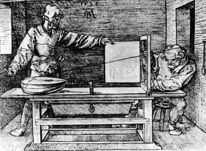 Дюрер. Устройство для изображения предметов в перспективе. Гравюра. Ок. 1520