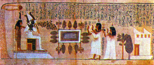 Бог Осирис у пруда с деревьями. Иллюстрация из 'Книги мертвых'. XV в. до н. э