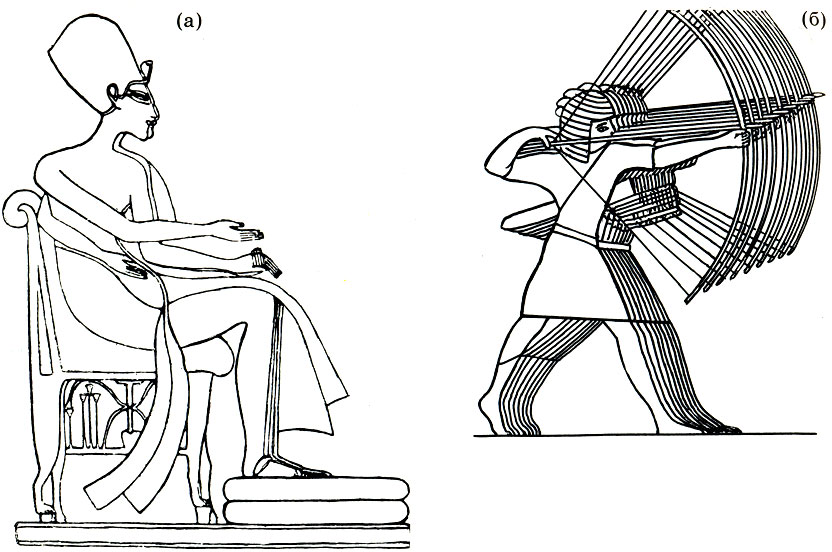 К проблеме передачи глубины пространства в древнеегипетской живописи. Фараон Эхнатон с супругой (а) и лучники (б)