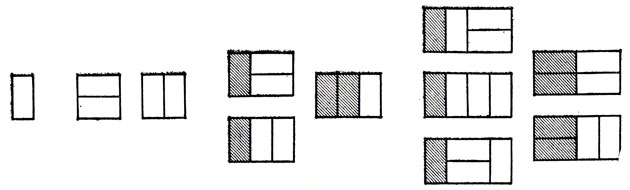 Рис. 144. Покрытие прямоугольника 2Xn домино для n = 1, 2, 3 и 4